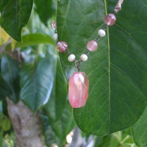 Pink faceted Rose Quartz and pearl neckace